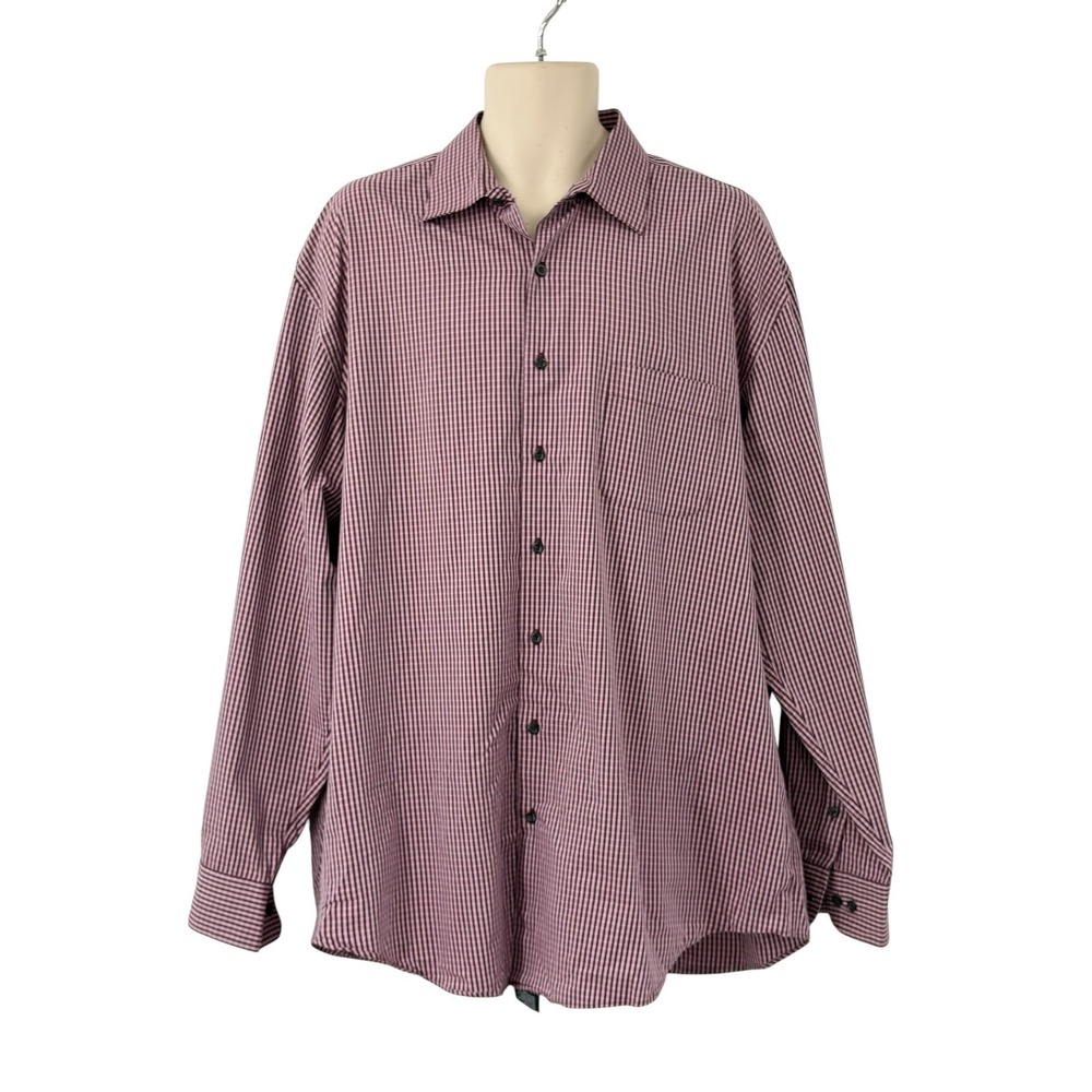 Alfani Mens Long Sleeve Button Down Shirt Burgundy Micro Check Stretch 18/XXL